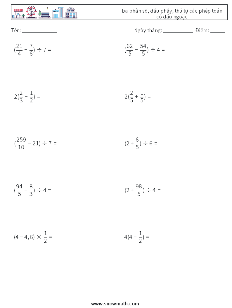 (10) ba phân số, dấu phẩy, thứ tự các phép toán có dấu ngoặc Bảng tính toán học 9