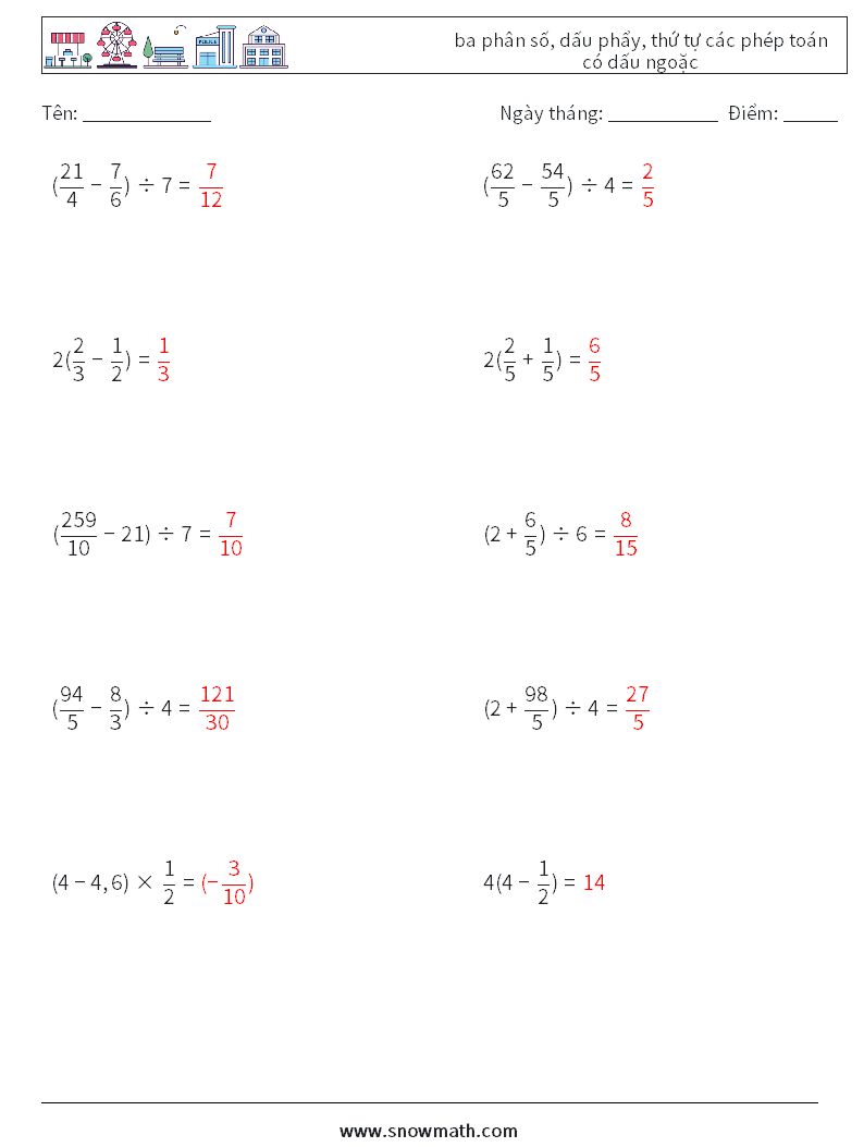 (10) ba phân số, dấu phẩy, thứ tự các phép toán có dấu ngoặc Bảng tính toán học 9 Câu hỏi, câu trả lời
