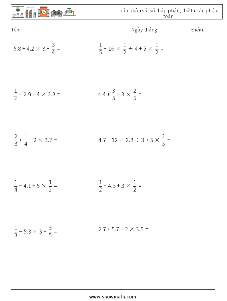 (10) bốn phân số, số thập phân, thứ tự các phép toán