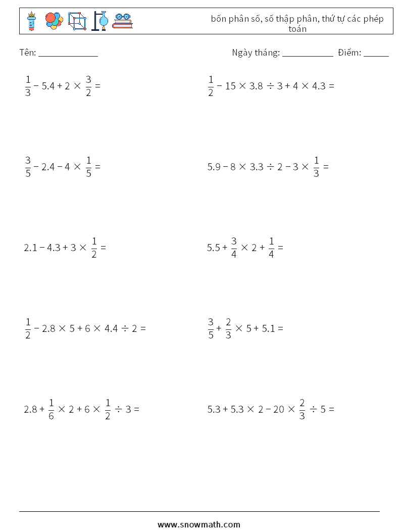 (10) bốn phân số, số thập phân, thứ tự các phép toán Bảng tính toán học 10