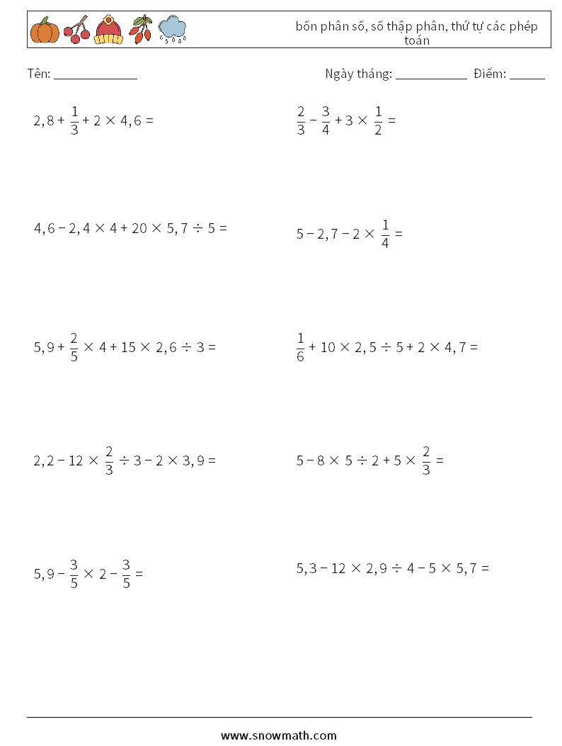 (10) bốn phân số, số thập phân, thứ tự các phép toán Bảng tính toán học 11
