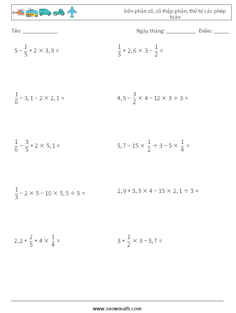 (10) bốn phân số, số thập phân, thứ tự các phép toán Bảng tính toán học 12