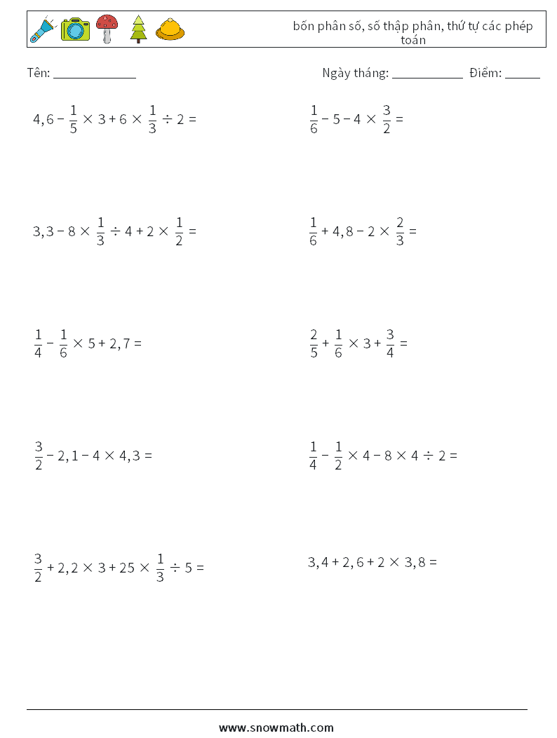 (10) bốn phân số, số thập phân, thứ tự các phép toán Bảng tính toán học 13