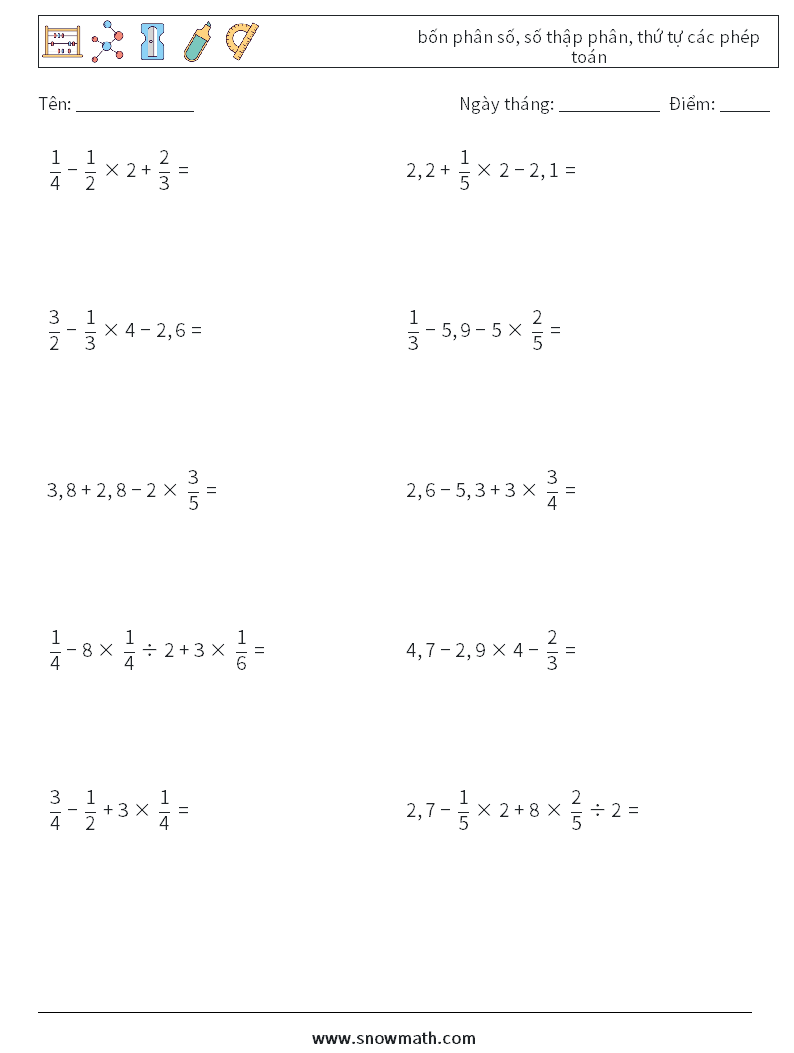 (10) bốn phân số, số thập phân, thứ tự các phép toán Bảng tính toán học 14