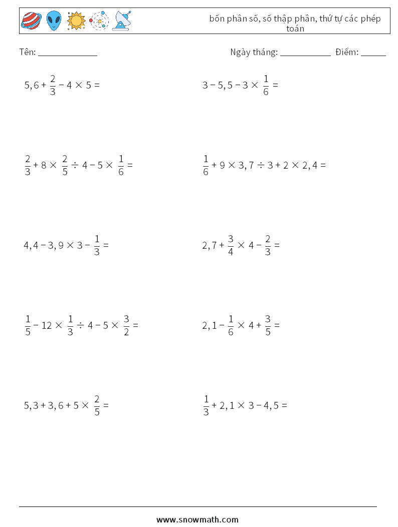 (10) bốn phân số, số thập phân, thứ tự các phép toán Bảng tính toán học 17