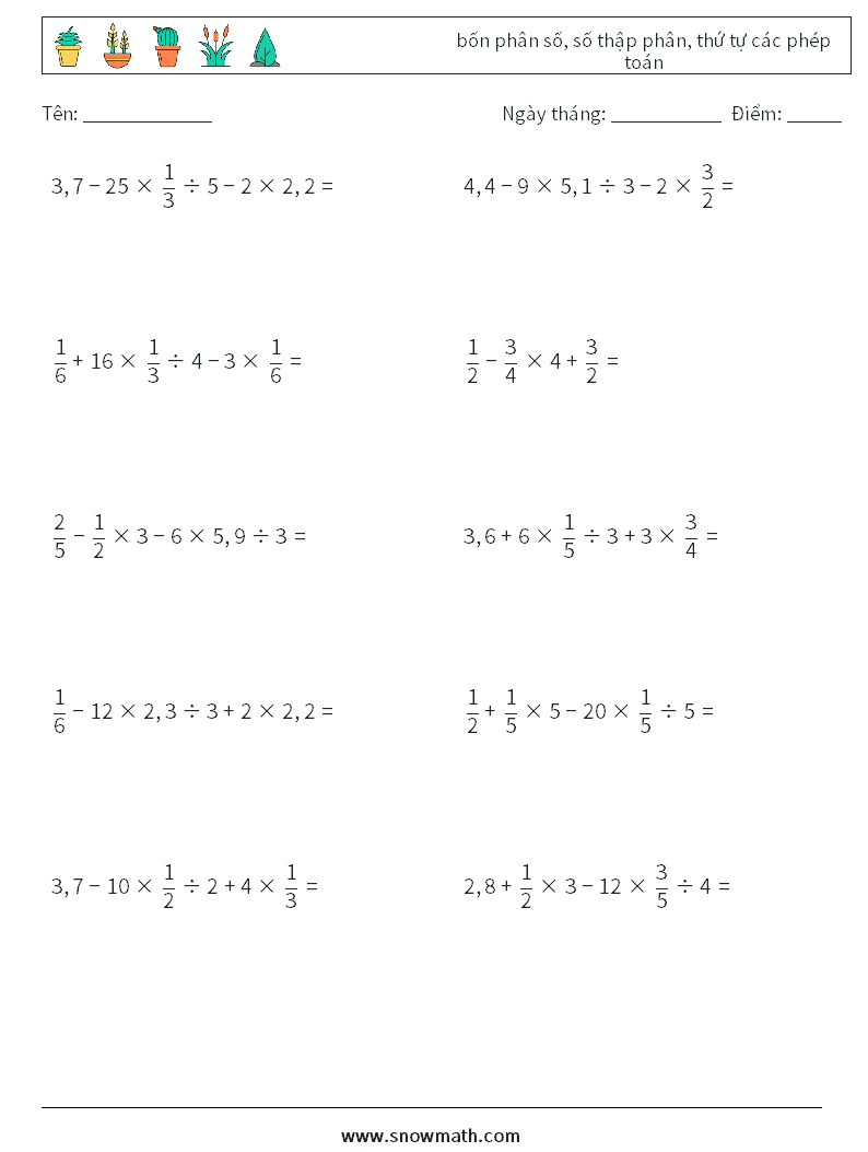 (10) bốn phân số, số thập phân, thứ tự các phép toán Bảng tính toán học 18