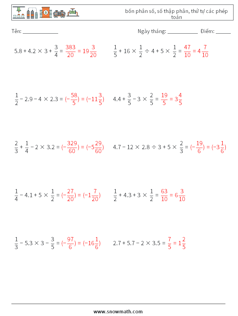 (10) bốn phân số, số thập phân, thứ tự các phép toán Bảng tính toán học 1 Câu hỏi, câu trả lời