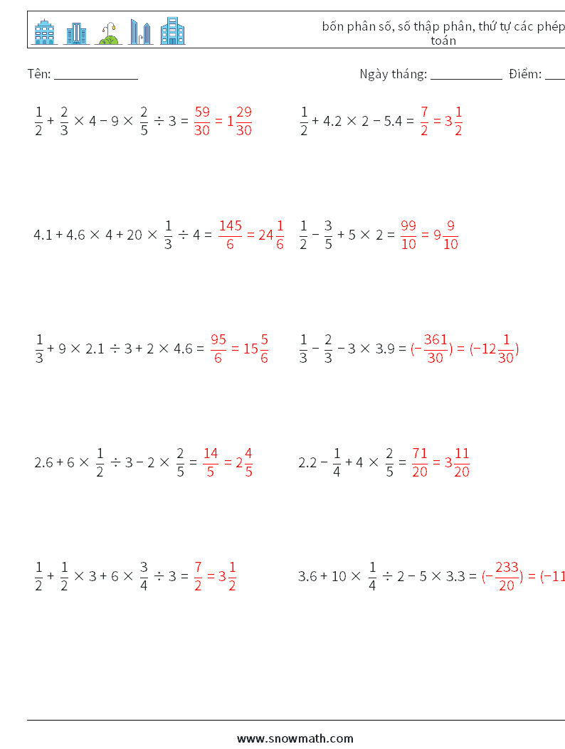 (10) bốn phân số, số thập phân, thứ tự các phép toán Bảng tính toán học 2 Câu hỏi, câu trả lời