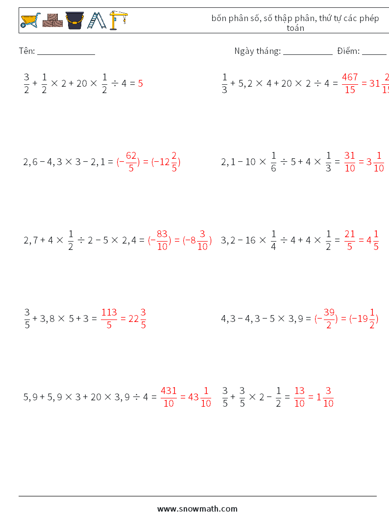 (10) bốn phân số, số thập phân, thứ tự các phép toán Bảng tính toán học 3 Câu hỏi, câu trả lời