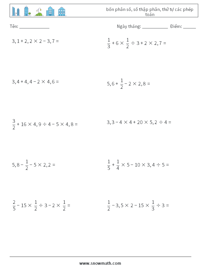 (10) bốn phân số, số thập phân, thứ tự các phép toán Bảng tính toán học 4