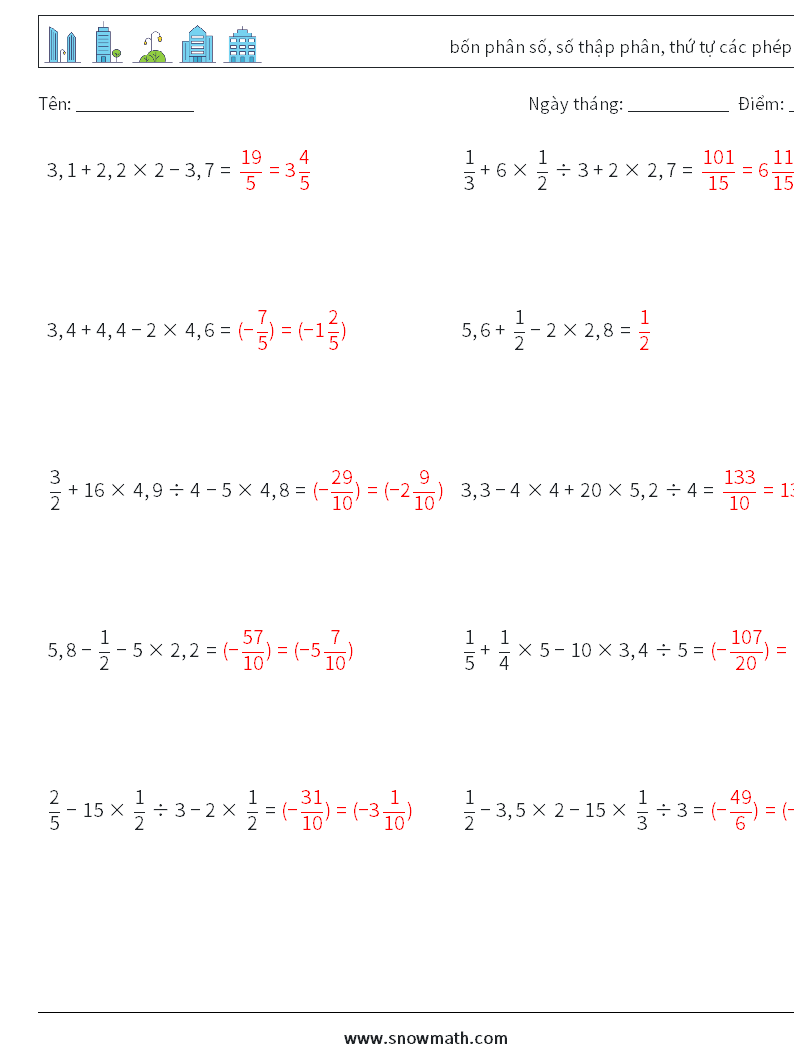 (10) bốn phân số, số thập phân, thứ tự các phép toán Bảng tính toán học 4 Câu hỏi, câu trả lời