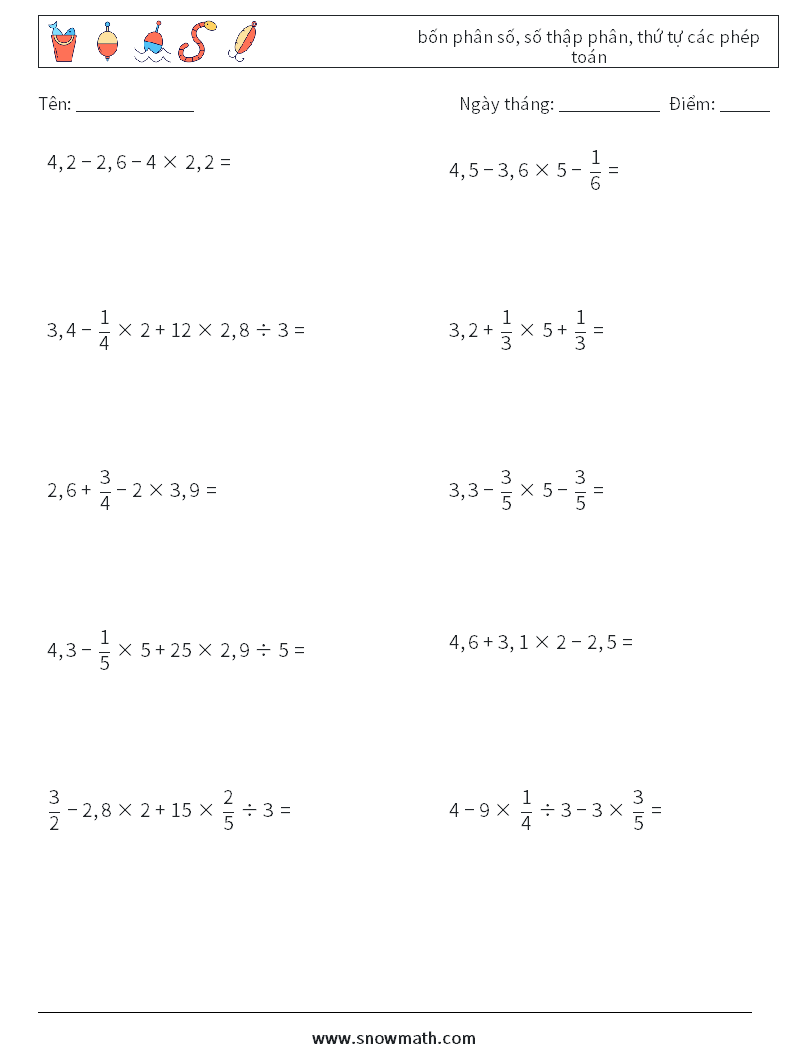 (10) bốn phân số, số thập phân, thứ tự các phép toán Bảng tính toán học 5