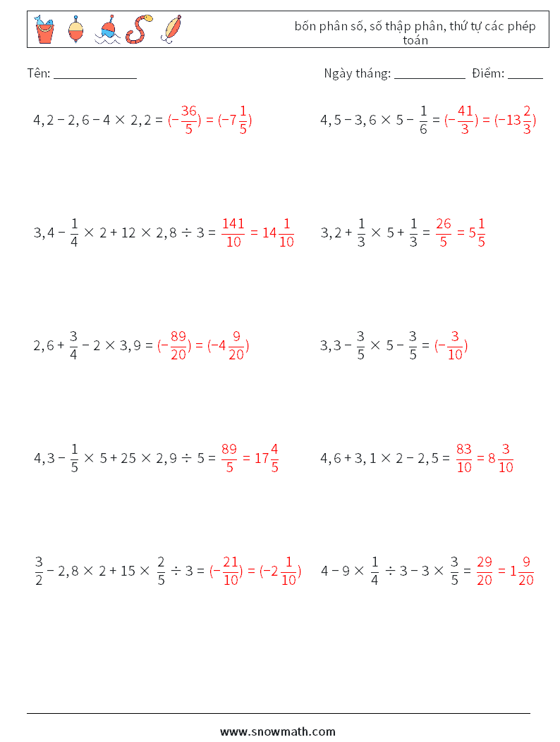 (10) bốn phân số, số thập phân, thứ tự các phép toán Bảng tính toán học 5 Câu hỏi, câu trả lời