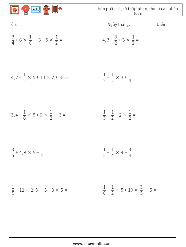 (10) bốn phân số, số thập phân, thứ tự các phép toán Bảng tính toán học 7