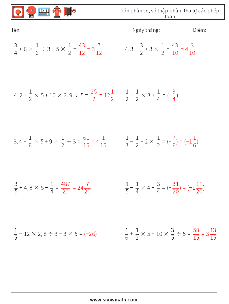 (10) bốn phân số, số thập phân, thứ tự các phép toán Bảng tính toán học 7 Câu hỏi, câu trả lời