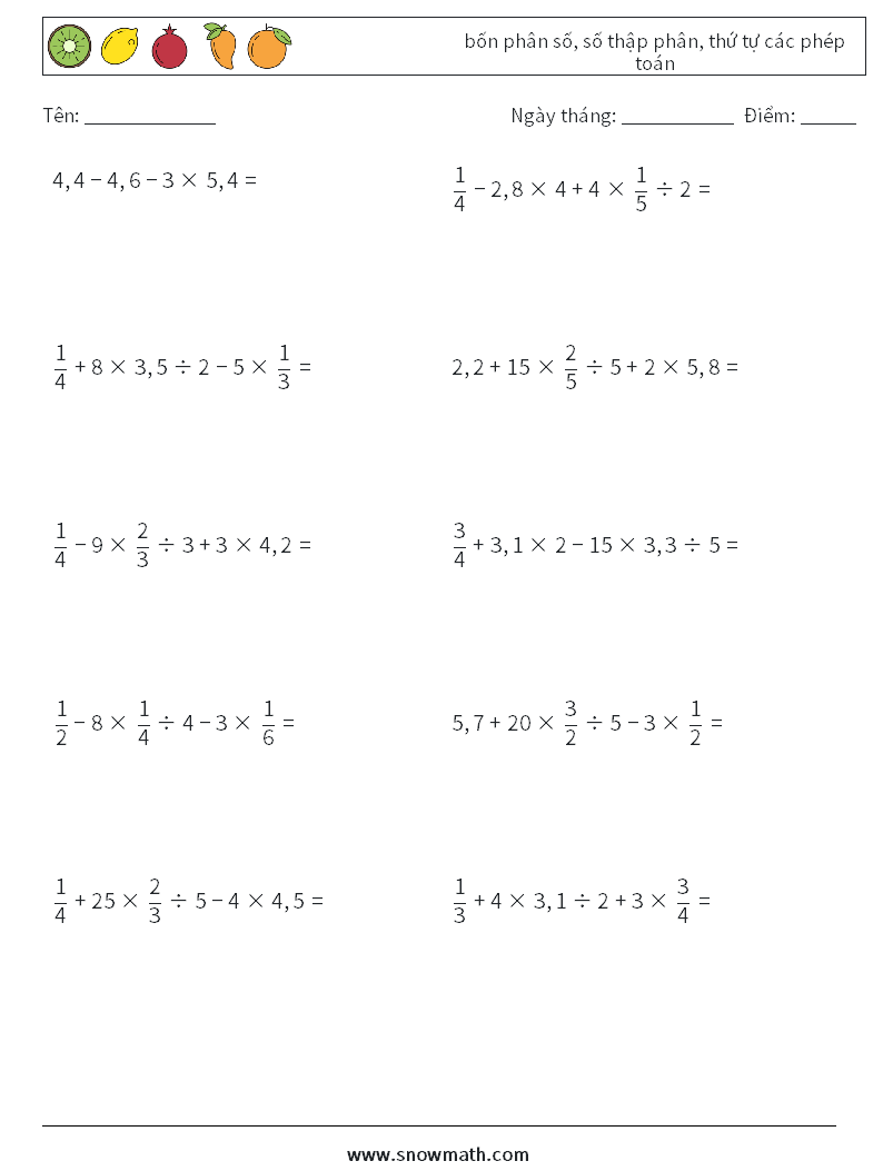 (10) bốn phân số, số thập phân, thứ tự các phép toán Bảng tính toán học 8
