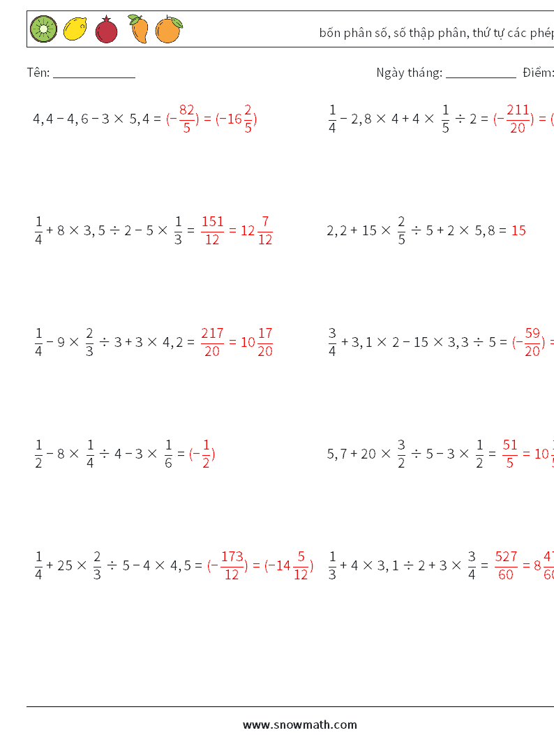 (10) bốn phân số, số thập phân, thứ tự các phép toán Bảng tính toán học 8 Câu hỏi, câu trả lời