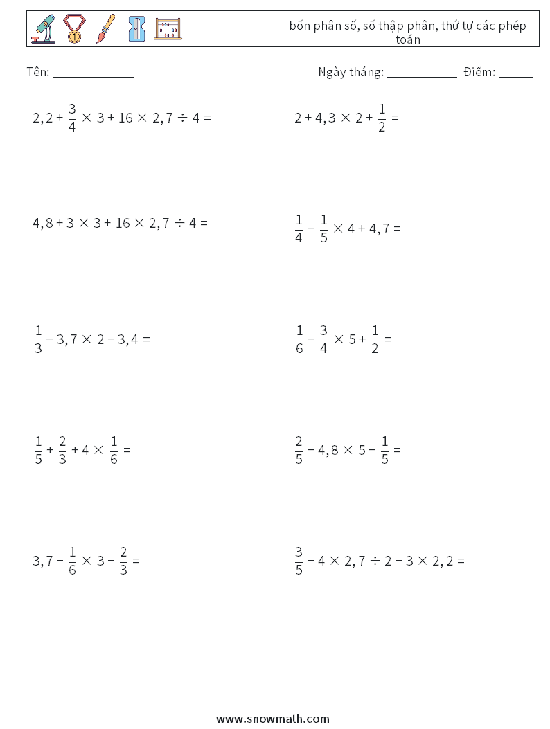 (10) bốn phân số, số thập phân, thứ tự các phép toán Bảng tính toán học 9