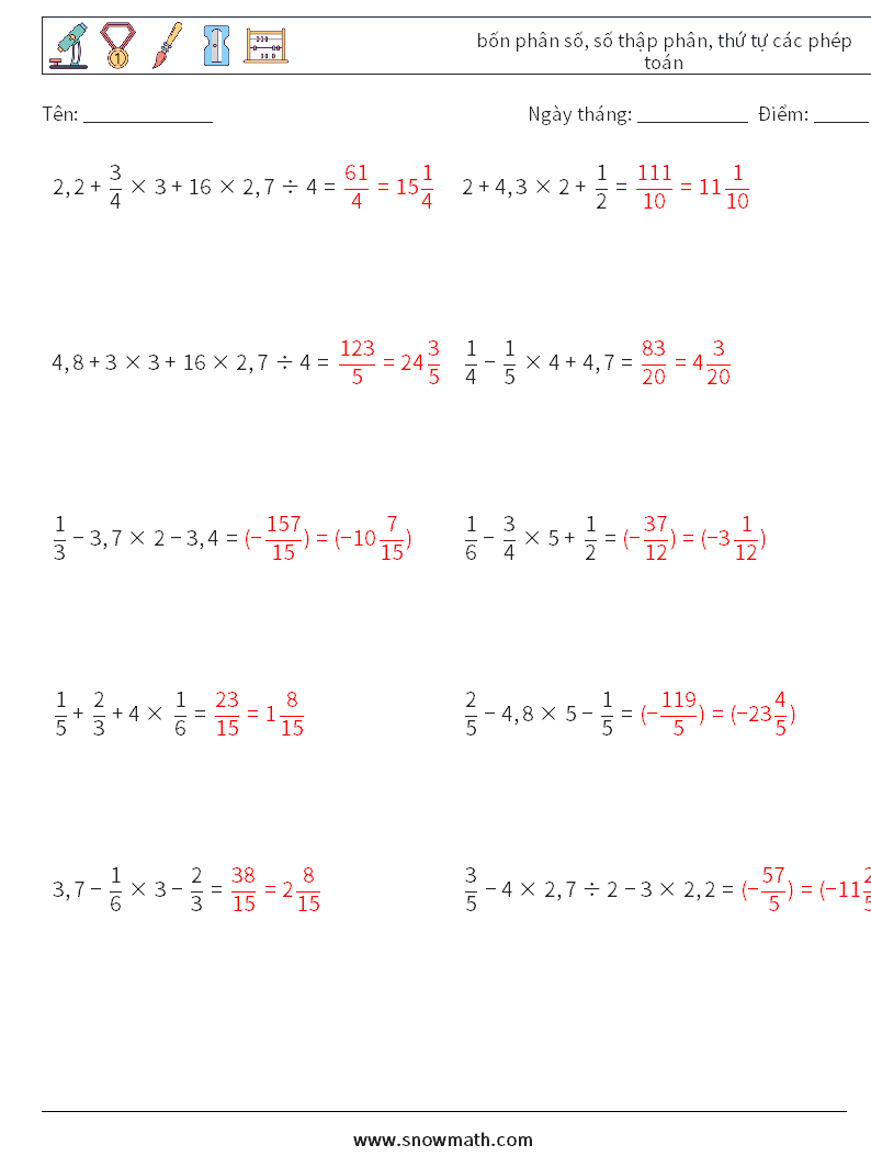 (10) bốn phân số, số thập phân, thứ tự các phép toán Bảng tính toán học 9 Câu hỏi, câu trả lời