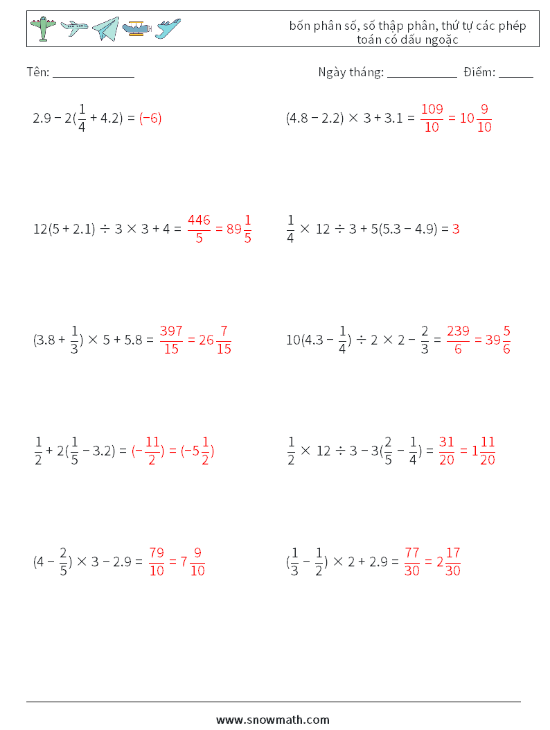 (10) bốn phân số, số thập phân, thứ tự các phép toán có dấu ngoặc Bảng tính toán học 10 Câu hỏi, câu trả lời