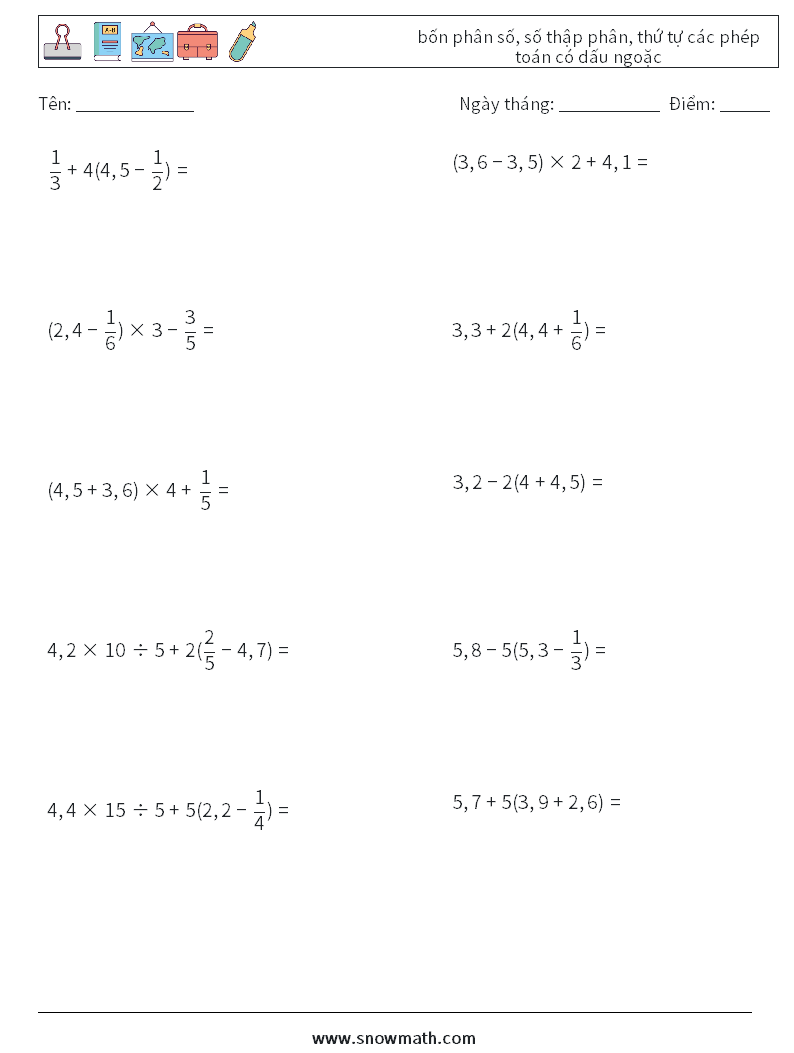 (10) bốn phân số, số thập phân, thứ tự các phép toán có dấu ngoặc Bảng tính toán học 12