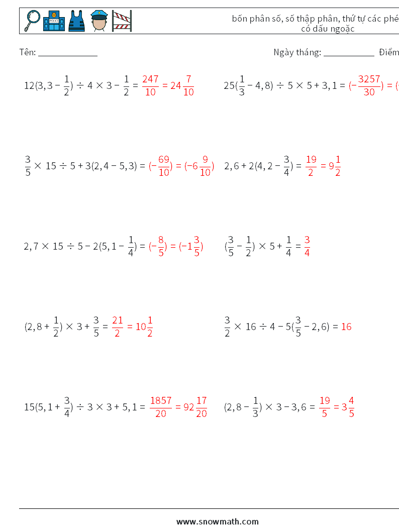 (10) bốn phân số, số thập phân, thứ tự các phép toán có dấu ngoặc Bảng tính toán học 13 Câu hỏi, câu trả lời