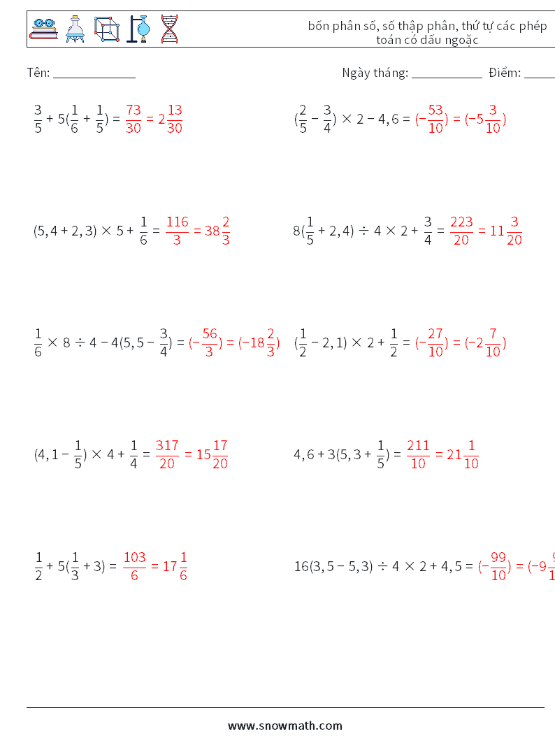 (10) bốn phân số, số thập phân, thứ tự các phép toán có dấu ngoặc Bảng tính toán học 14 Câu hỏi, câu trả lời
