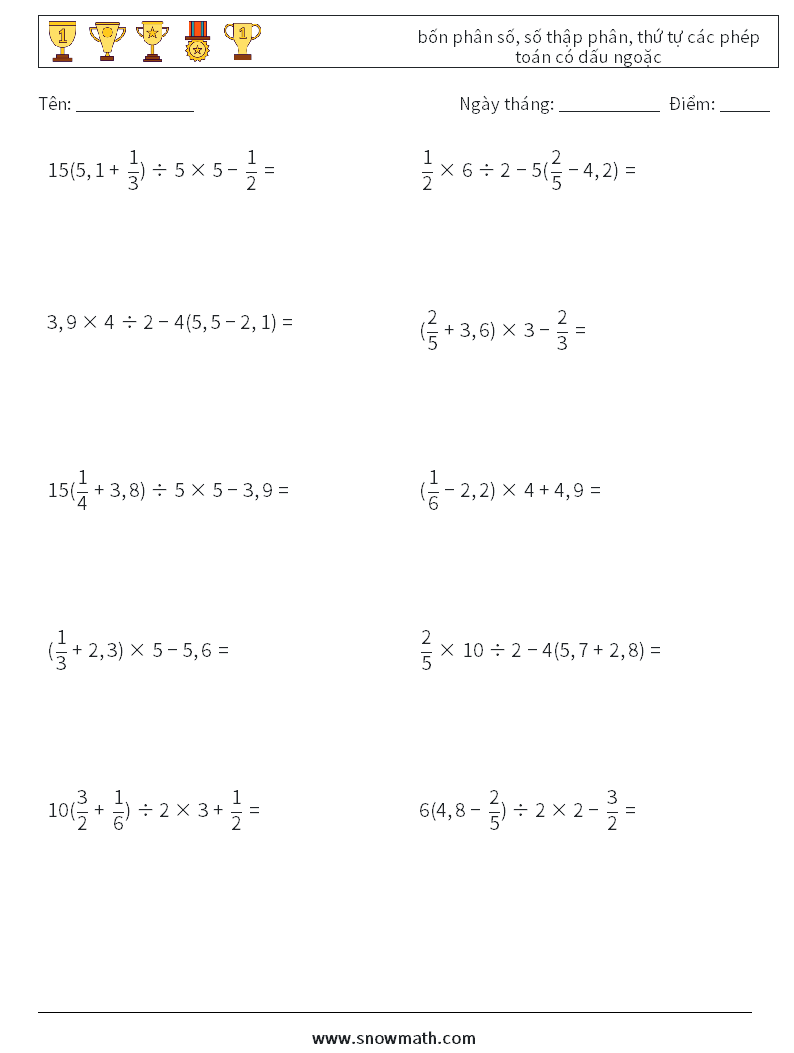 (10) bốn phân số, số thập phân, thứ tự các phép toán có dấu ngoặc Bảng tính toán học 16