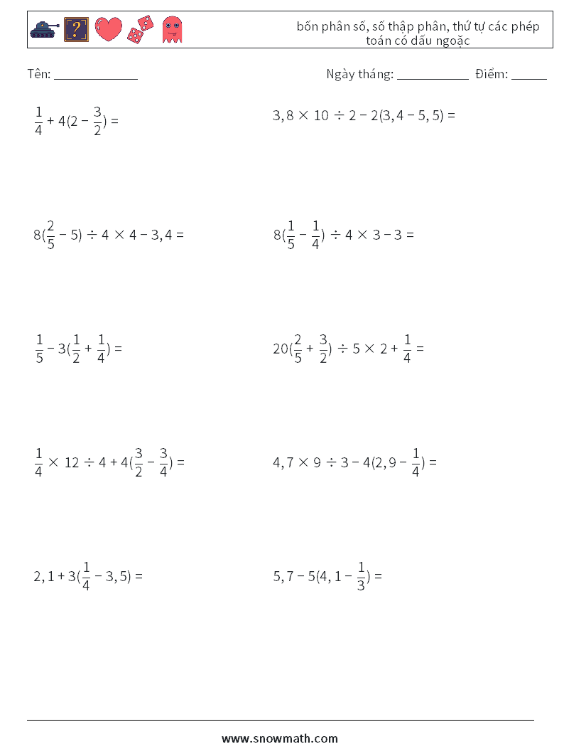 (10) bốn phân số, số thập phân, thứ tự các phép toán có dấu ngoặc Bảng tính toán học 18