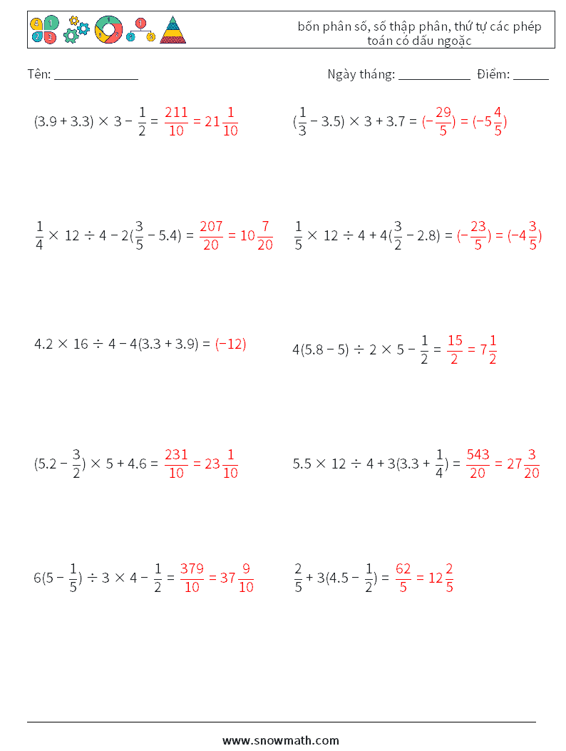 (10) bốn phân số, số thập phân, thứ tự các phép toán có dấu ngoặc Bảng tính toán học 1 Câu hỏi, câu trả lời