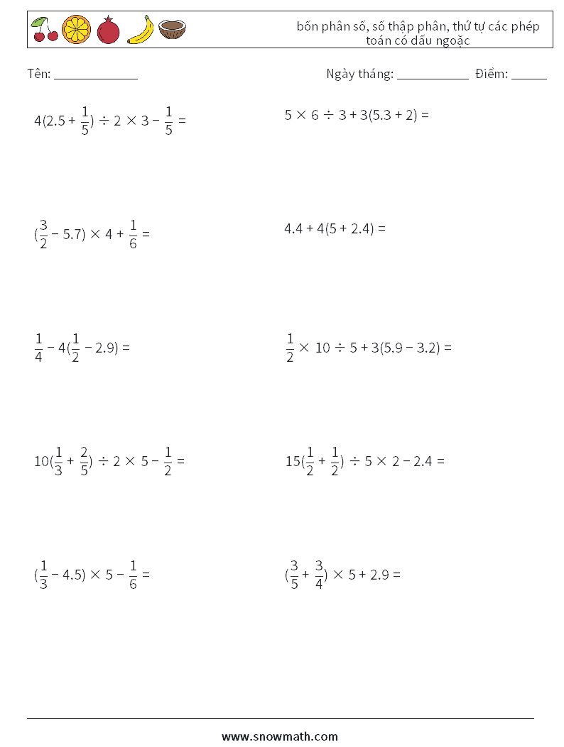 (10) bốn phân số, số thập phân, thứ tự các phép toán có dấu ngoặc Bảng tính toán học 2