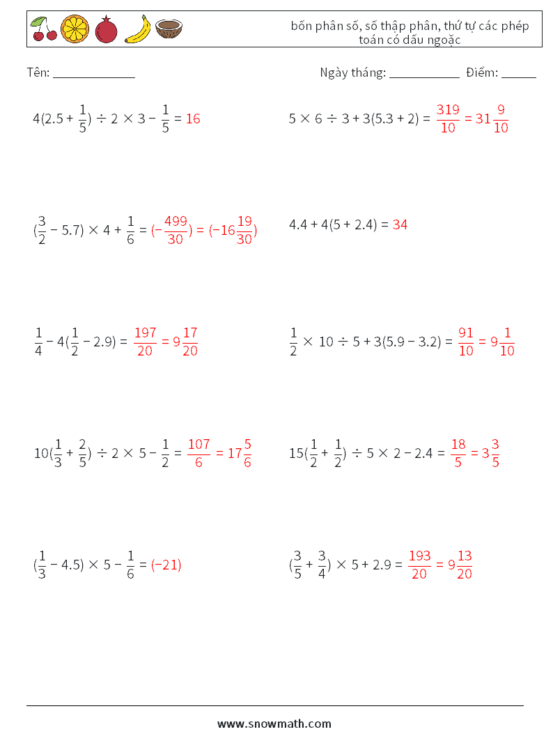 (10) bốn phân số, số thập phân, thứ tự các phép toán có dấu ngoặc Bảng tính toán học 2 Câu hỏi, câu trả lời