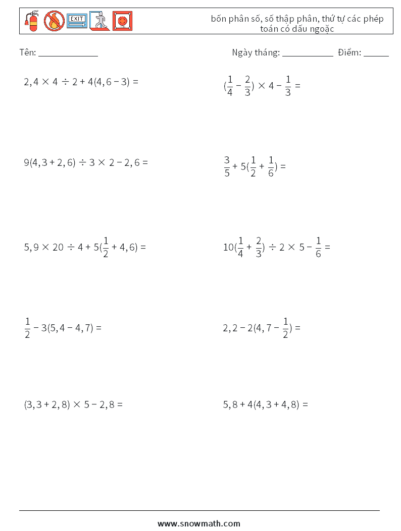 (10) bốn phân số, số thập phân, thứ tự các phép toán có dấu ngoặc Bảng tính toán học 3