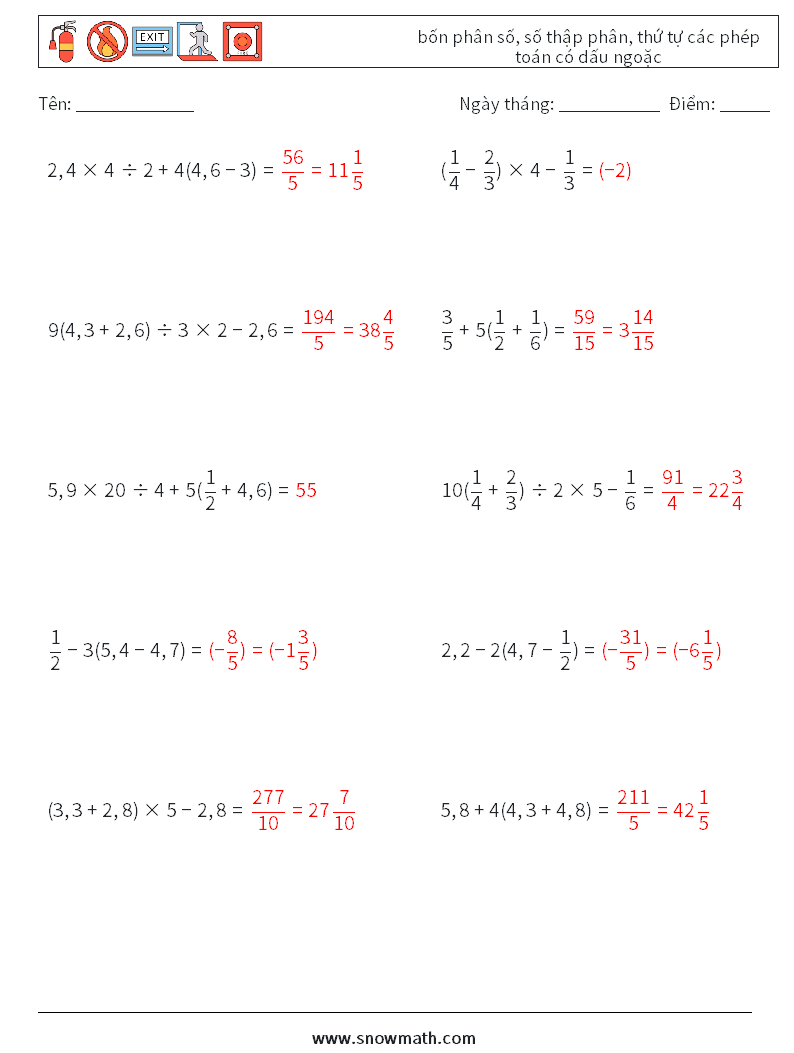(10) bốn phân số, số thập phân, thứ tự các phép toán có dấu ngoặc Bảng tính toán học 3 Câu hỏi, câu trả lời