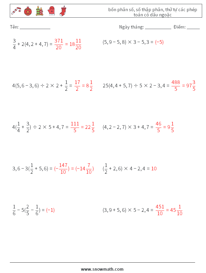 (10) bốn phân số, số thập phân, thứ tự các phép toán có dấu ngoặc Bảng tính toán học 4 Câu hỏi, câu trả lời