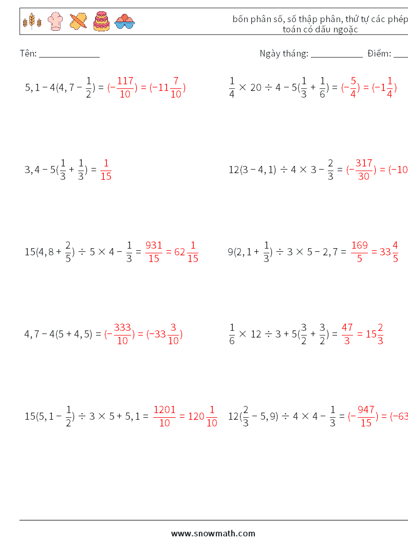 (10) bốn phân số, số thập phân, thứ tự các phép toán có dấu ngoặc Bảng tính toán học 5 Câu hỏi, câu trả lời