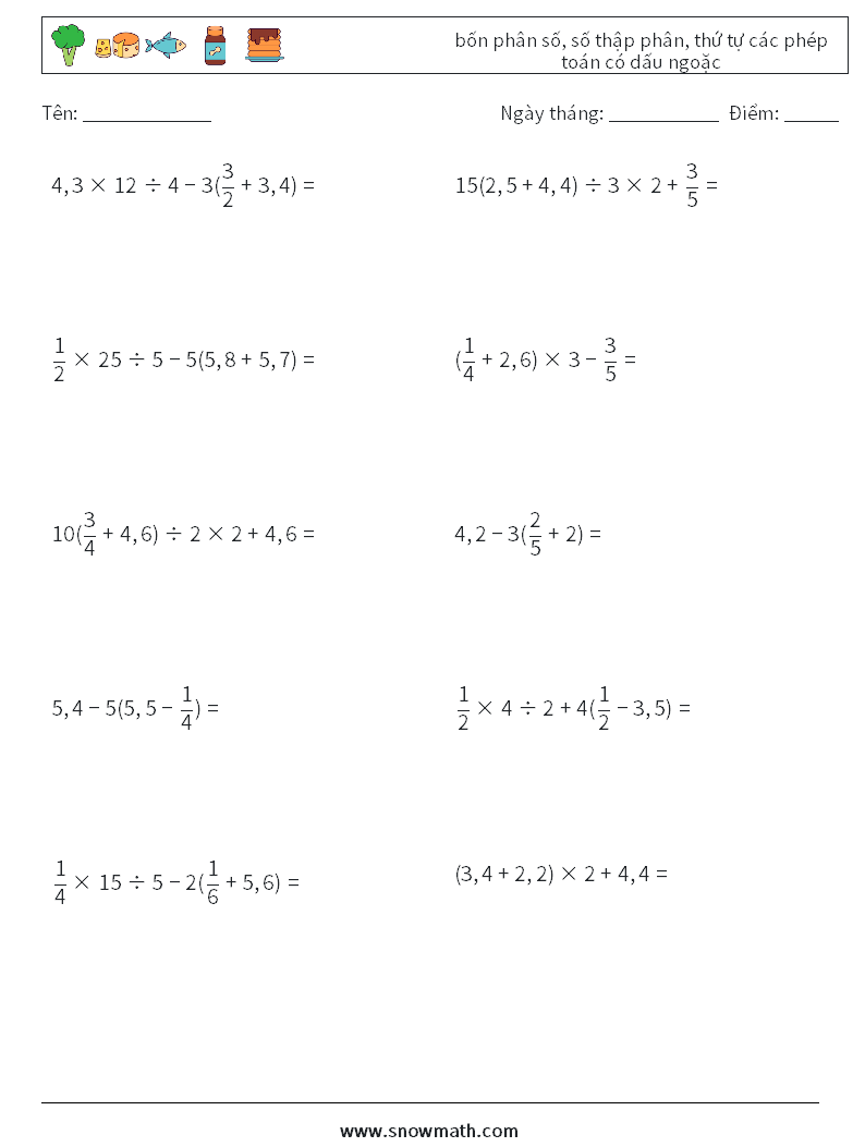 (10) bốn phân số, số thập phân, thứ tự các phép toán có dấu ngoặc Bảng tính toán học 6