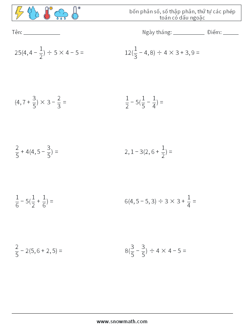 (10) bốn phân số, số thập phân, thứ tự các phép toán có dấu ngoặc Bảng tính toán học 7