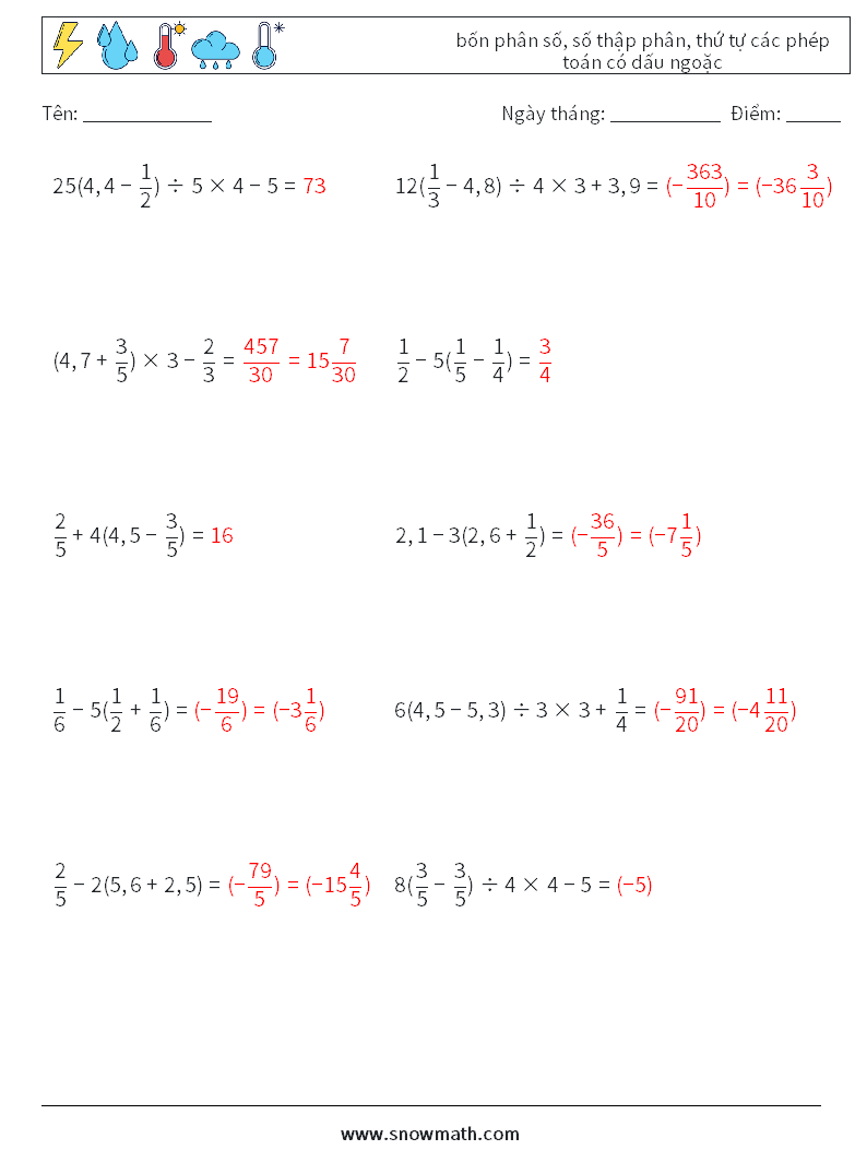 (10) bốn phân số, số thập phân, thứ tự các phép toán có dấu ngoặc Bảng tính toán học 7 Câu hỏi, câu trả lời