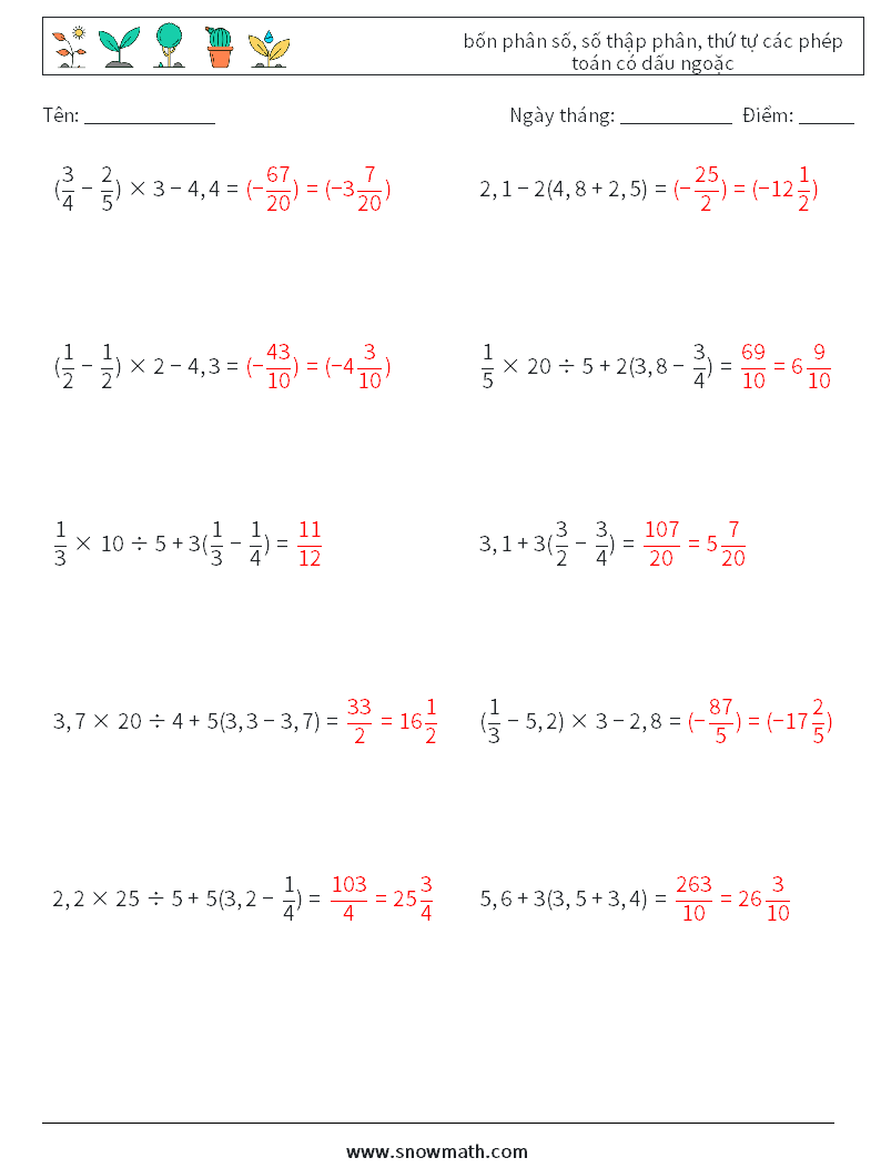 (10) bốn phân số, số thập phân, thứ tự các phép toán có dấu ngoặc Bảng tính toán học 8 Câu hỏi, câu trả lời