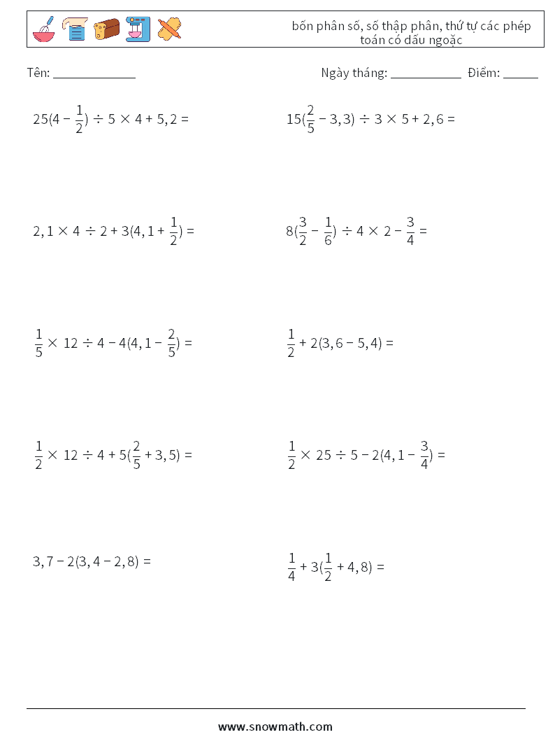 (10) bốn phân số, số thập phân, thứ tự các phép toán có dấu ngoặc Bảng tính toán học 9