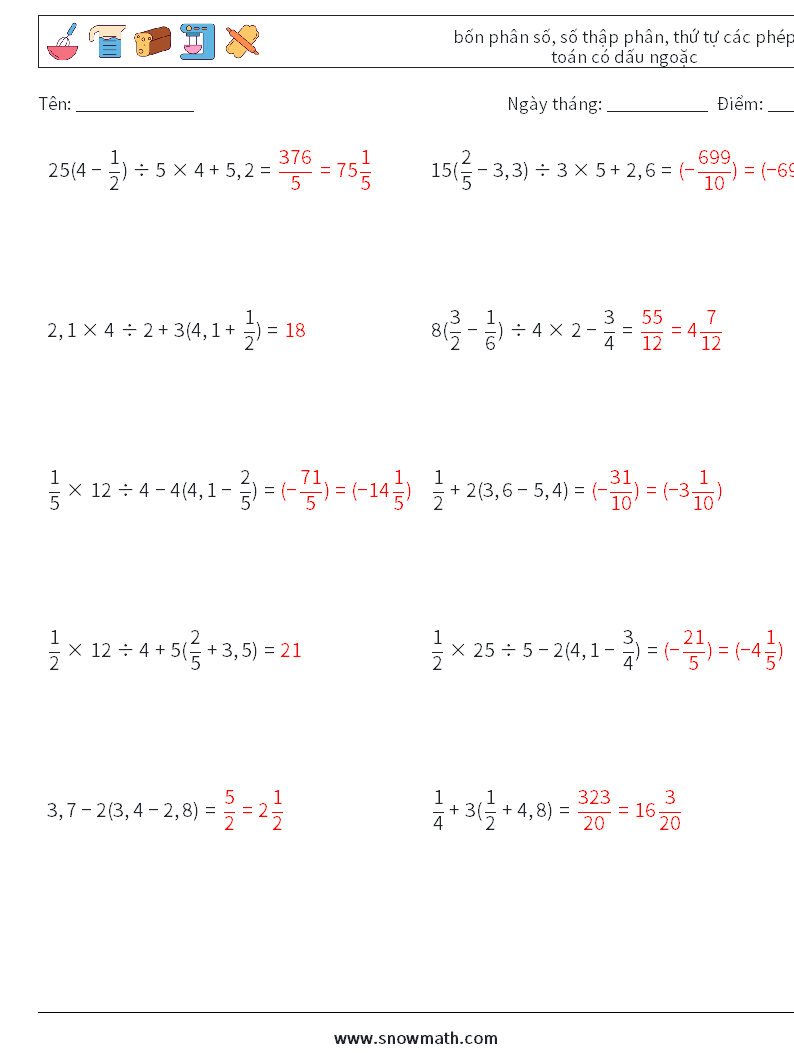 (10) bốn phân số, số thập phân, thứ tự các phép toán có dấu ngoặc Bảng tính toán học 9 Câu hỏi, câu trả lời