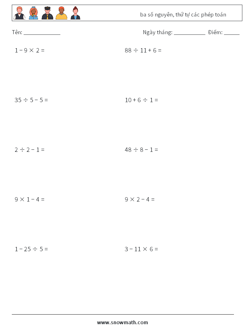 (10) ba số nguyên, thứ tự các phép toán Bảng tính toán học 11