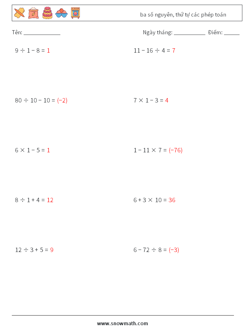 (10) ba số nguyên, thứ tự các phép toán Bảng tính toán học 13 Câu hỏi, câu trả lời