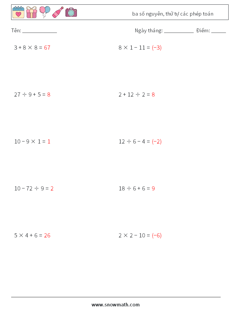(10) ba số nguyên, thứ tự các phép toán Bảng tính toán học 1 Câu hỏi, câu trả lời