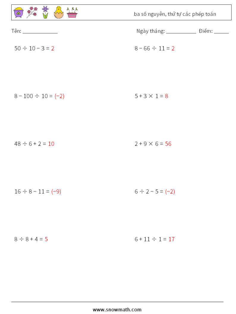(10) ba số nguyên, thứ tự các phép toán Bảng tính toán học 4 Câu hỏi, câu trả lời