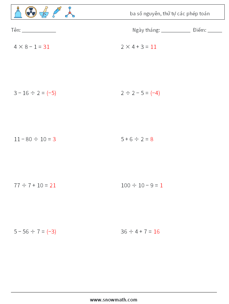 (10) ba số nguyên, thứ tự các phép toán Bảng tính toán học 6 Câu hỏi, câu trả lời
