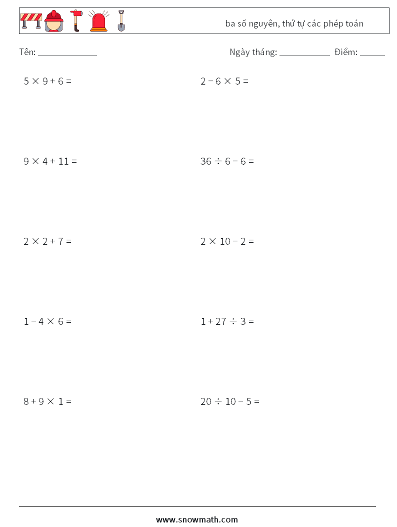 (10) ba số nguyên, thứ tự các phép toán Bảng tính toán học 7