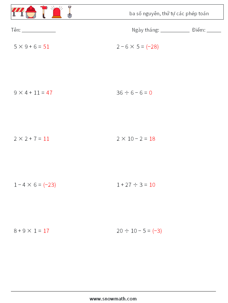 (10) ba số nguyên, thứ tự các phép toán Bảng tính toán học 7 Câu hỏi, câu trả lời