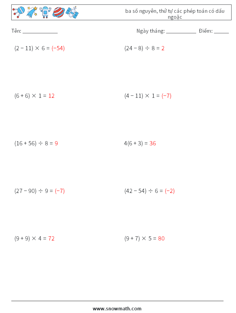 (10) ba số nguyên, thứ tự các phép toán có dấu ngoặc Bảng tính toán học 14 Câu hỏi, câu trả lời